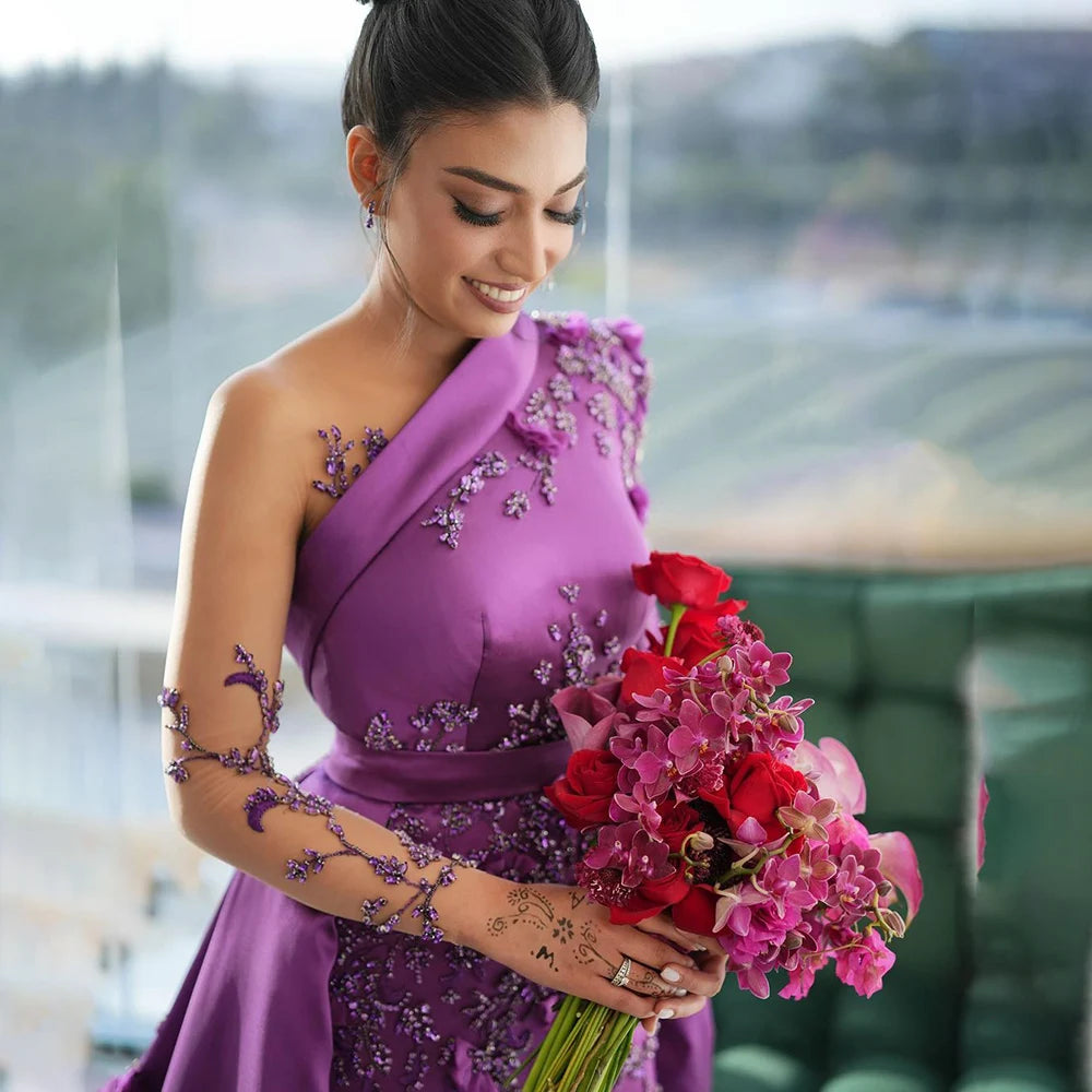 Evening dress with illusion back-Serene Hill Arabic Purple Mermaid Satin Lace Beaded Luxury Dubai Evening Dresses Gowns 2024 Elegant For Women Party LA72179