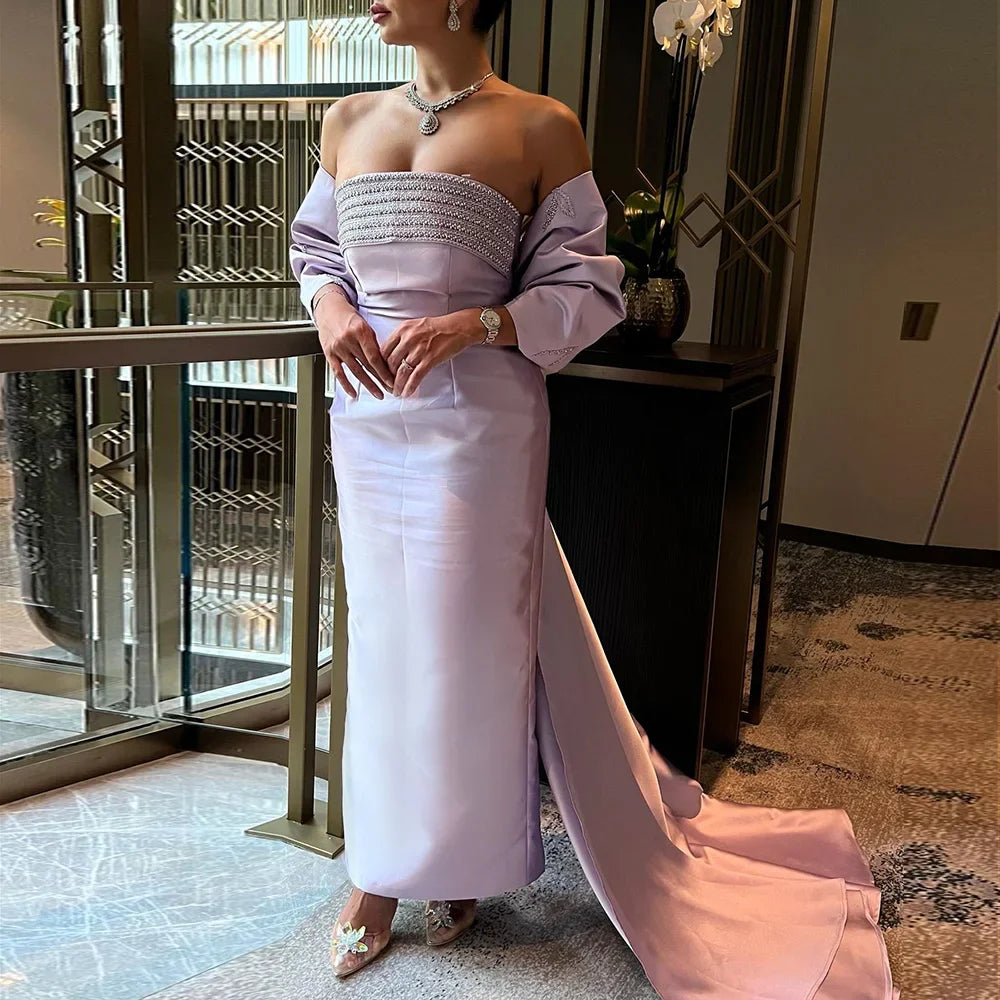 Evening dress with fringe-Serene Hill Arabic Purple Mermaid Satin Strapless With Jacket Beaded Evening Dresses Gowns 2024 For Women Wedding Party LA71897