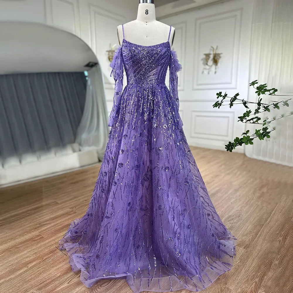 Evening dress with lace-up back-Serene Hill Arabic Purple Sexy Spaghetti Strap Long Sleeves Beaded Luxury A Line Dubai Evening Dresses 2024 LA72234