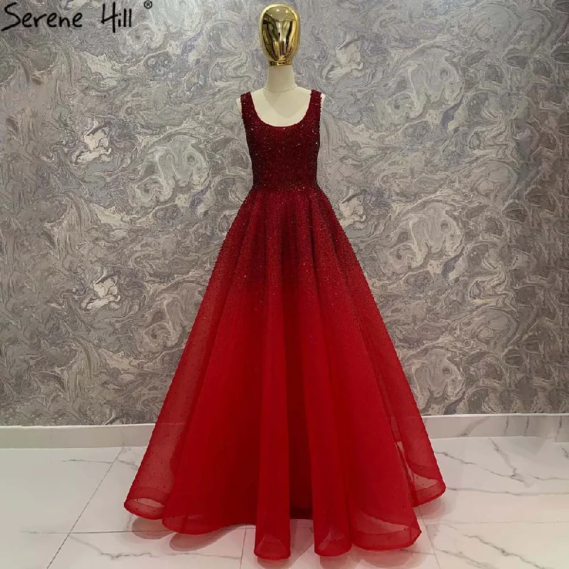 Evening dress with mermaid style-Serene Hill Arabic Red A Line Luxury Crystal Beaded Sexy Dubai Evening Dresses Gowns 2024 For Women  Wedding Party LA70232A