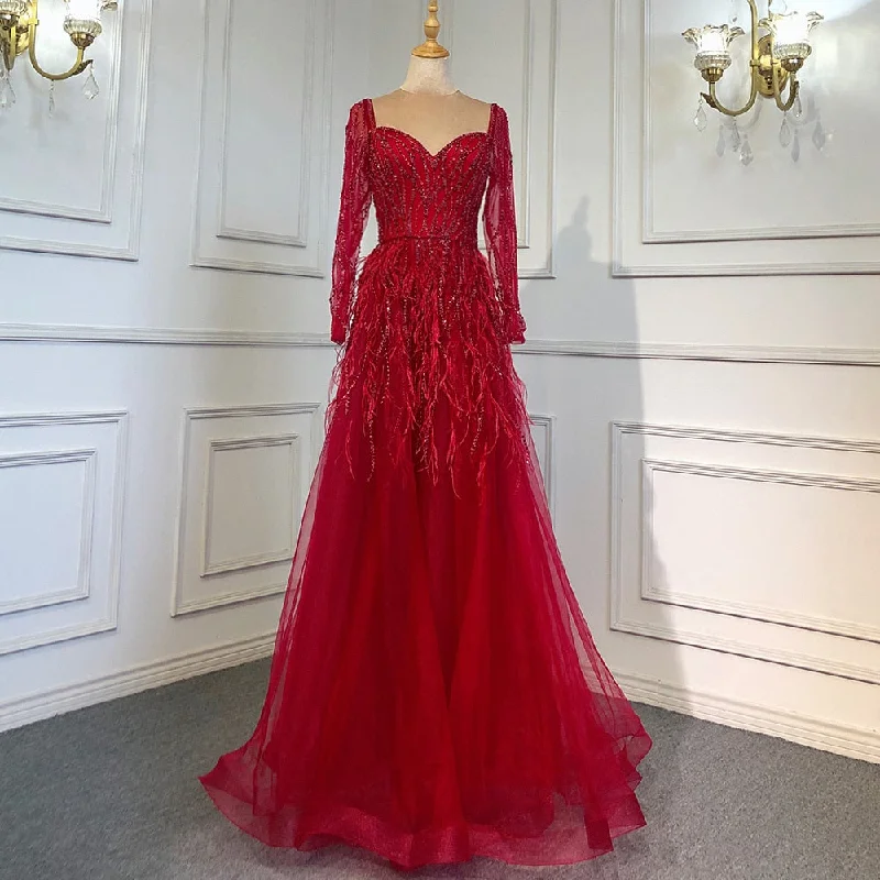 Evening dress with beaded details-On Sale  no return no refund Serene Hill Arabic Red A-Line V-Neck for Women Long Sleeves Evening Dress Luxury Beaded Handmade Feathers 2024 LA71468