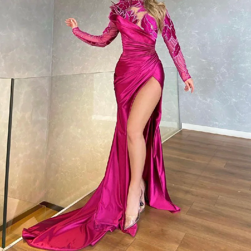 Evening dress with metallic finish-Serene Hill Arabic Rose Red Mermaid Elegant Satin Sexy High Split Evening Dresses Gowns Beaded 2024 For Women Party LA71707