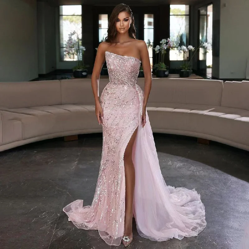 Evening dress with off-shoulder-Serene Hill Arabic Sexy Pink Mermaid Luxury  Beaded Strapless Elegant Evening Dresses Gowns 2024 For Women Party LA71777