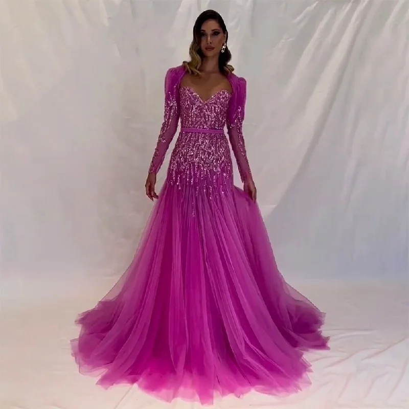 Evening dress with embellishments-On Sale  no return no refund Serene Hill Arabic Sexy Sweetheart Fuchsia  A Line Long Sleeves Luxury Beaded Evening Dresses Gowns For Women Party 2024 LA71810