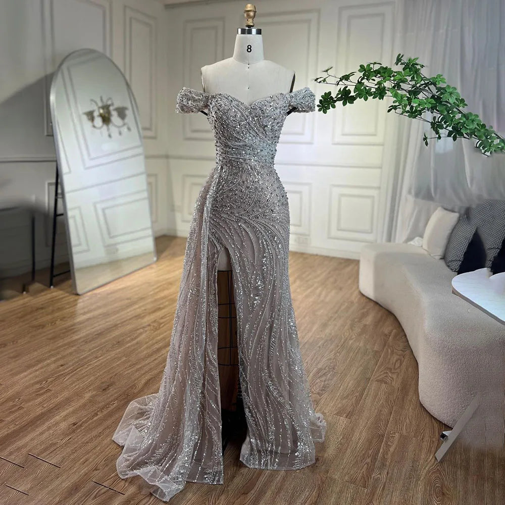 Evening dress with open back-Serene Hill Arabic Silve Nude Mermaid High Split Beaded Luxury Dubai Evening Dresses Gowns For Women Wedding Party 2024 LA72262