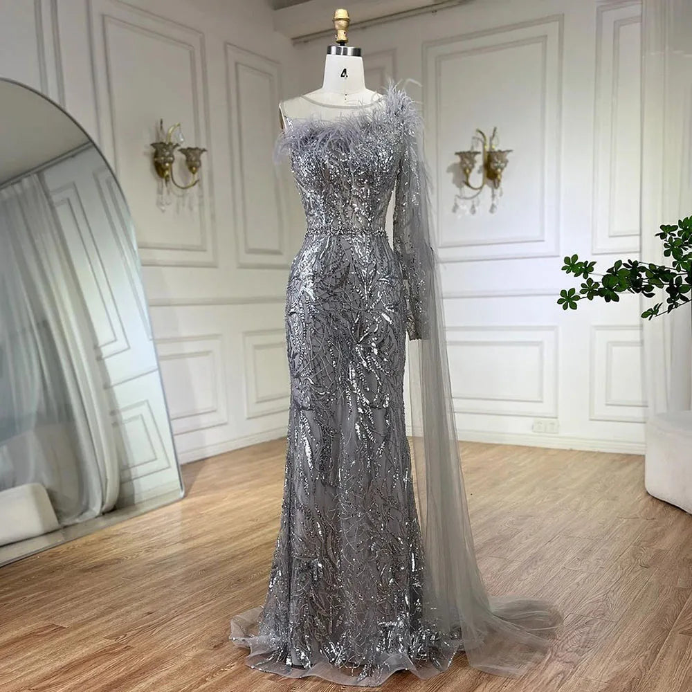 Evening dress with puff sleeves-Serene Hill Arabic Silver Gray One Shoulder Mermaid Long Cloak Beaded Evening Dresses Gowns for Women Wedding Party 2024 LA72446