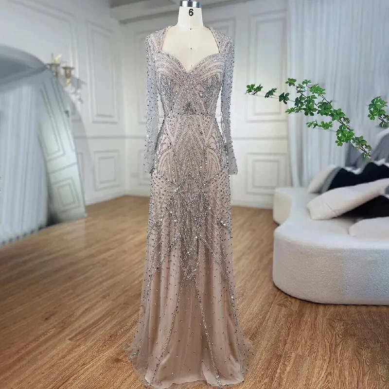 Evening dress with puff sleeves-Serene Hill Arabic silver nude Long Sleeves Beaded Dubai Mermaid Evening Gowns 2024 Elegant Party Dresses For Women LA72183