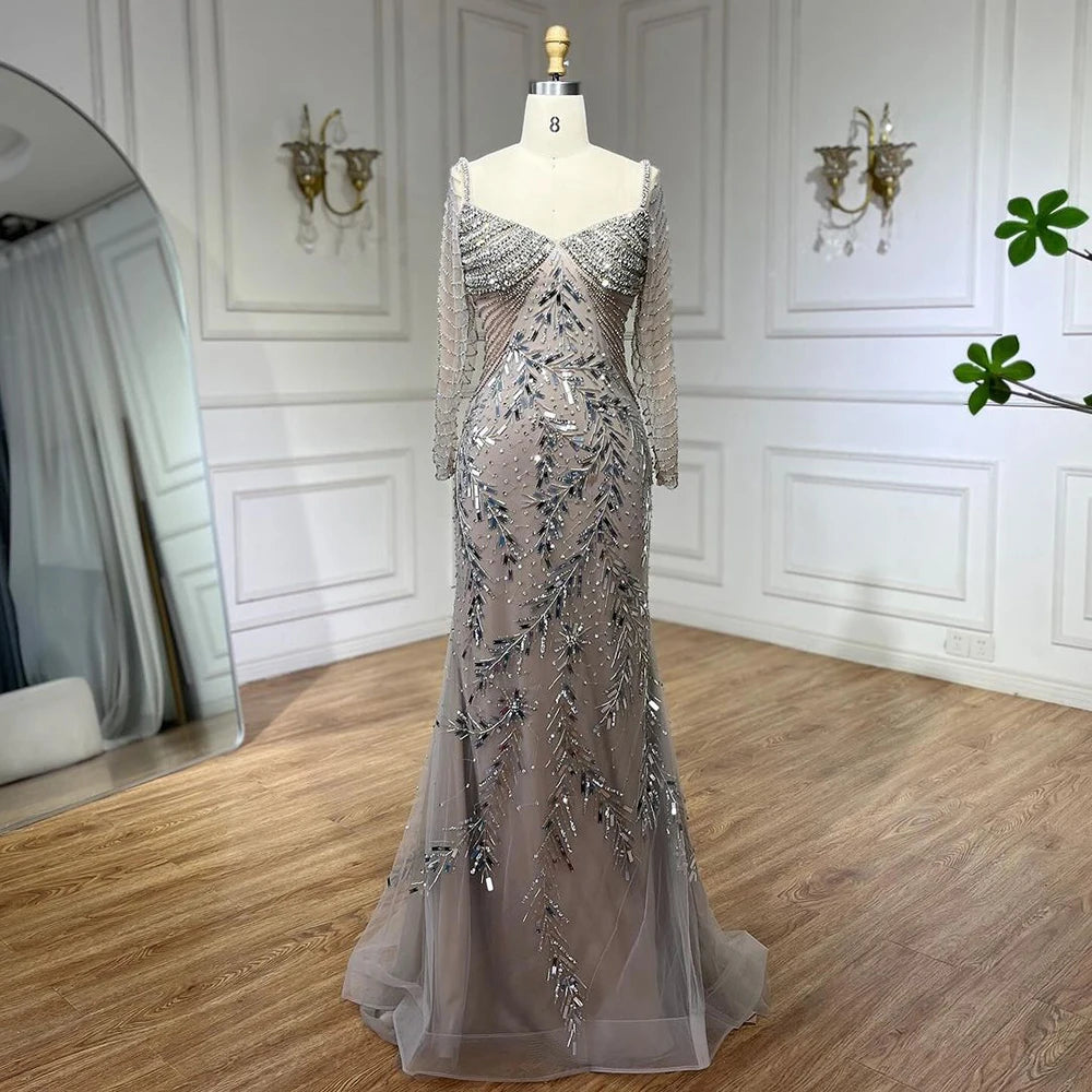 Burgundy evening dress-Serene Hill Arabic Silver Nude Mermaid Luxury Beaded Elegant Dubai Evening Dresses Gowns for Woman Wedding Party 2024 LA72513