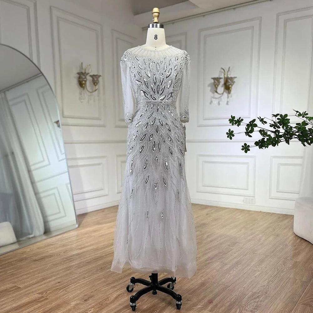 Evening dress with bow belt-Serene Hill Arabic Silver White Luxury Beaded Dubai Ankle Length Evening Dresses Gowns for Women Wedding Party 2024 LA71999S