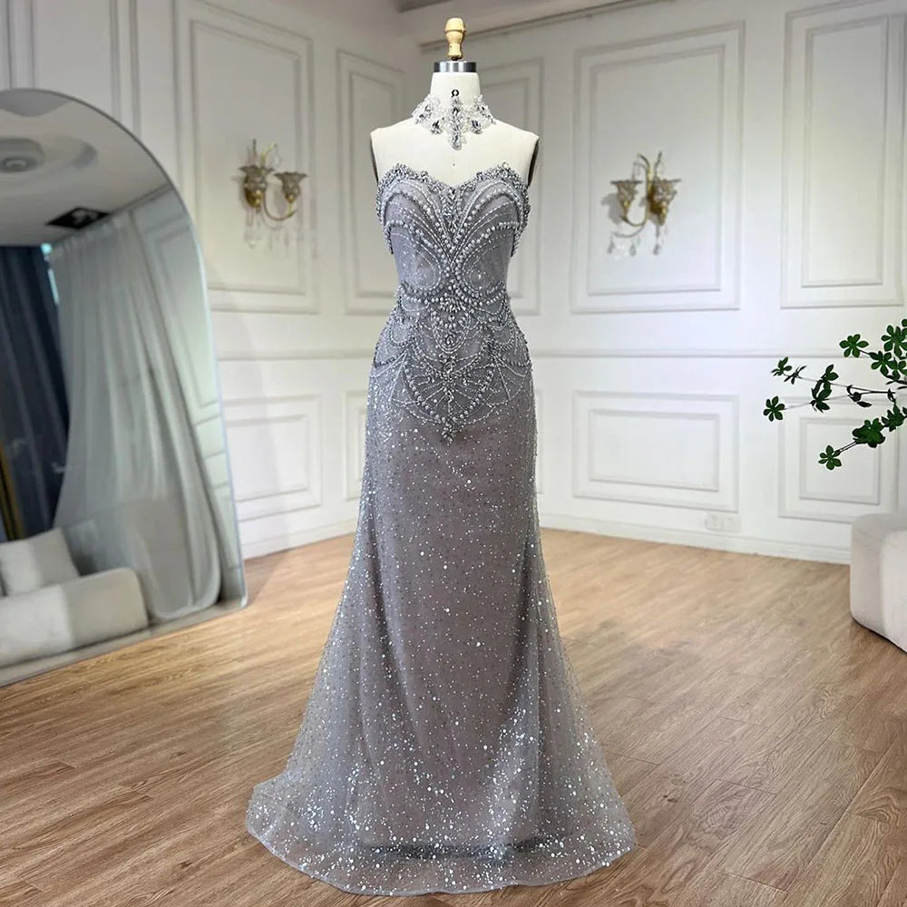 Evening dress with slit-Serene Hill Arabic Sliver Strapless Mermaid Luxury Beaded Pearls Crystal Evening Dresses Gowns for Women Party 2024 LA72432