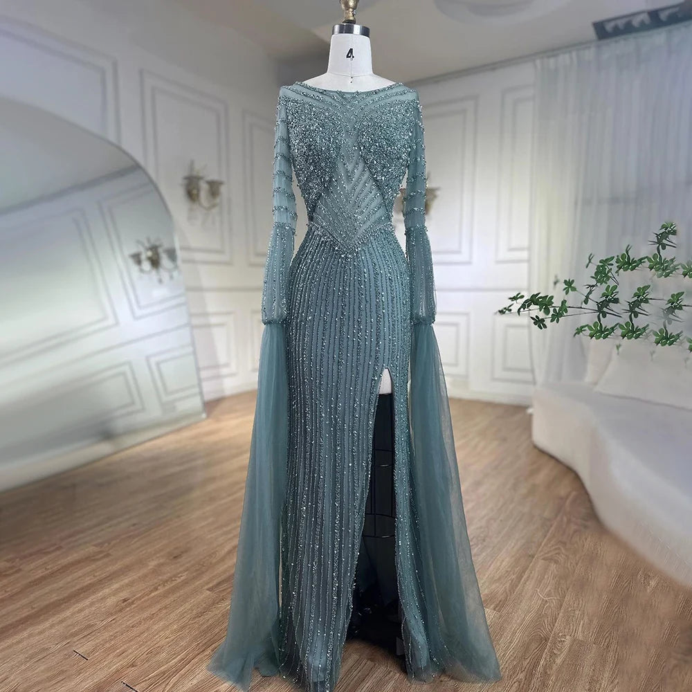 Evening dress with satin-Serene Hill Arabic Turquoise Mermaid Beaded Elegant Cape Sleeves Luxury Evening Dress Gown For Women Wedding Party 2024 LA72246