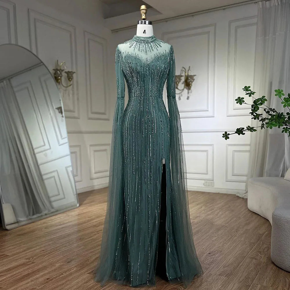 Red evening dress-Serene Hill Arabic Turquoise Mermaid Cape Sleeves Split Beaded Evening Dresses Gowns For Woman Wedding  Party 2024 LA72381