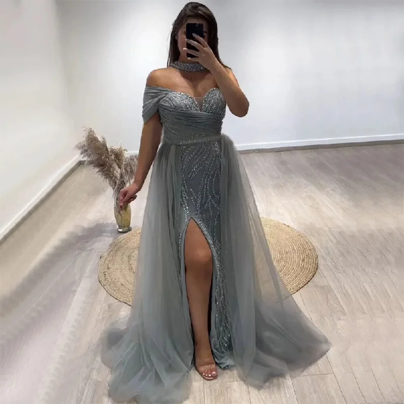 Evening dress with sheer sleeves-Serene Hill Arabic Turquoise Sexy One Shoulder Beaded Mermaid High Split Evening Dresses Party Gowns 2024 For Women LA72203