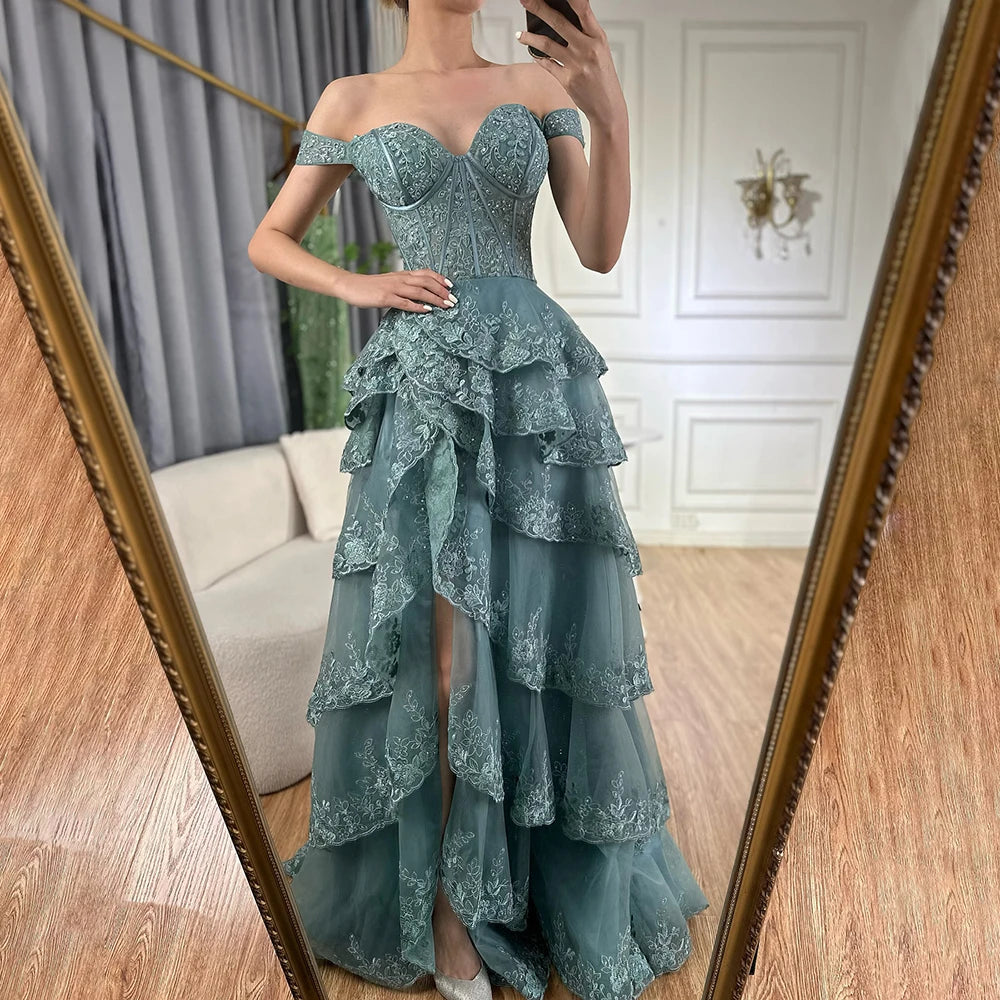 Evening dress with beaded bodice-Serene Hill Arabic Turquoise Shoulder Strap Tiered Beaded Evening Gown with Front Split for Formal Occasion 2024 LA72593A