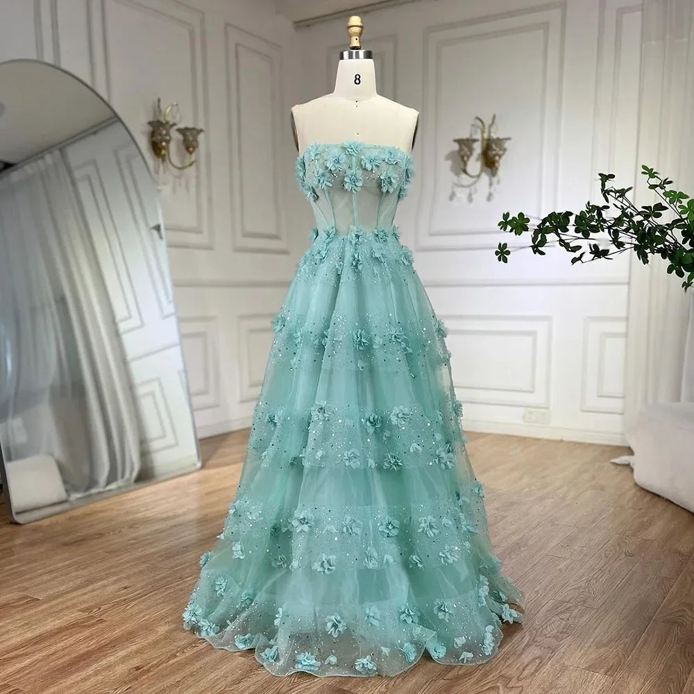 Evening dress with sequined bodice-Serene Hill Arabic Turquoise Strapless Appliques Elegant A Line Long Evening Dresses Gowns for Women Wedding Party 2024 LA72445