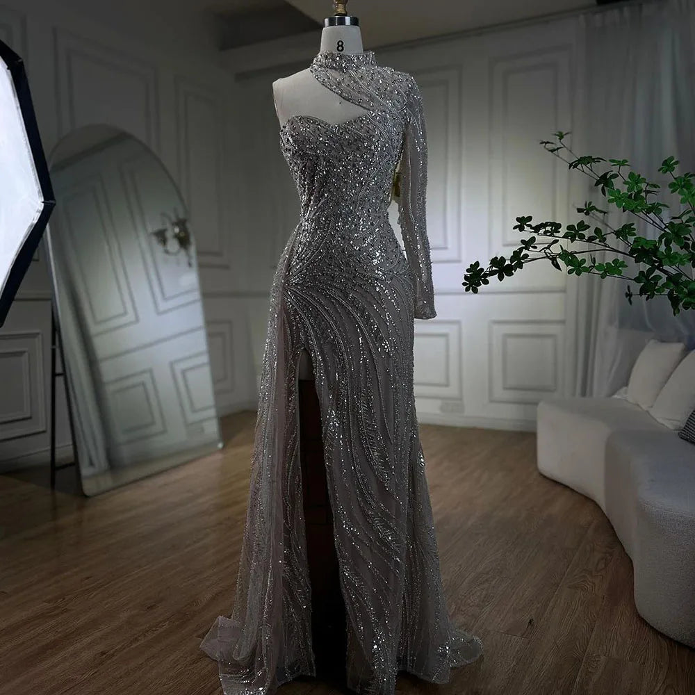 Evening dress with statement sleeves-Serene Hill Arabic White Nude Mermaid Elegant One Shoulder Luxury Beaded Evening Dresses Gowns For Women Party 2024 LA72196