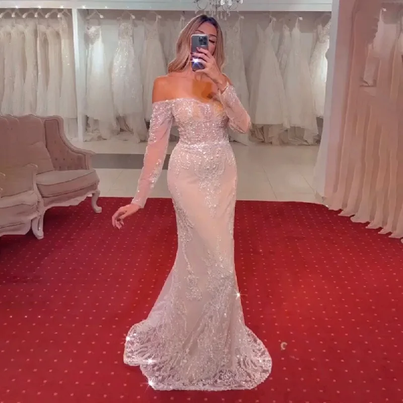 Evening dress with strapless design-Serene Hill Arabic White Nude Mermaid Elegant Sexy Off The Shoulder Evening Dresses Gowns Luxury Sequined 2024 Party LA71892