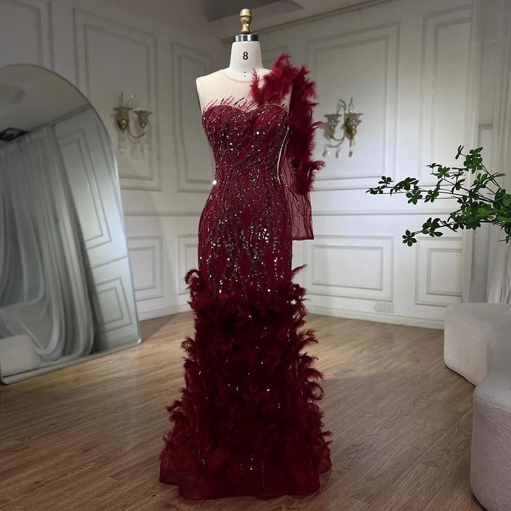 Evening dress with trumpet silhouette-Serene Hill Arabic Wine Red Mermaid Luxury Evening Dresses Gowns Feathers Beading Elegant For Woman wedding Party 2024 LA71076