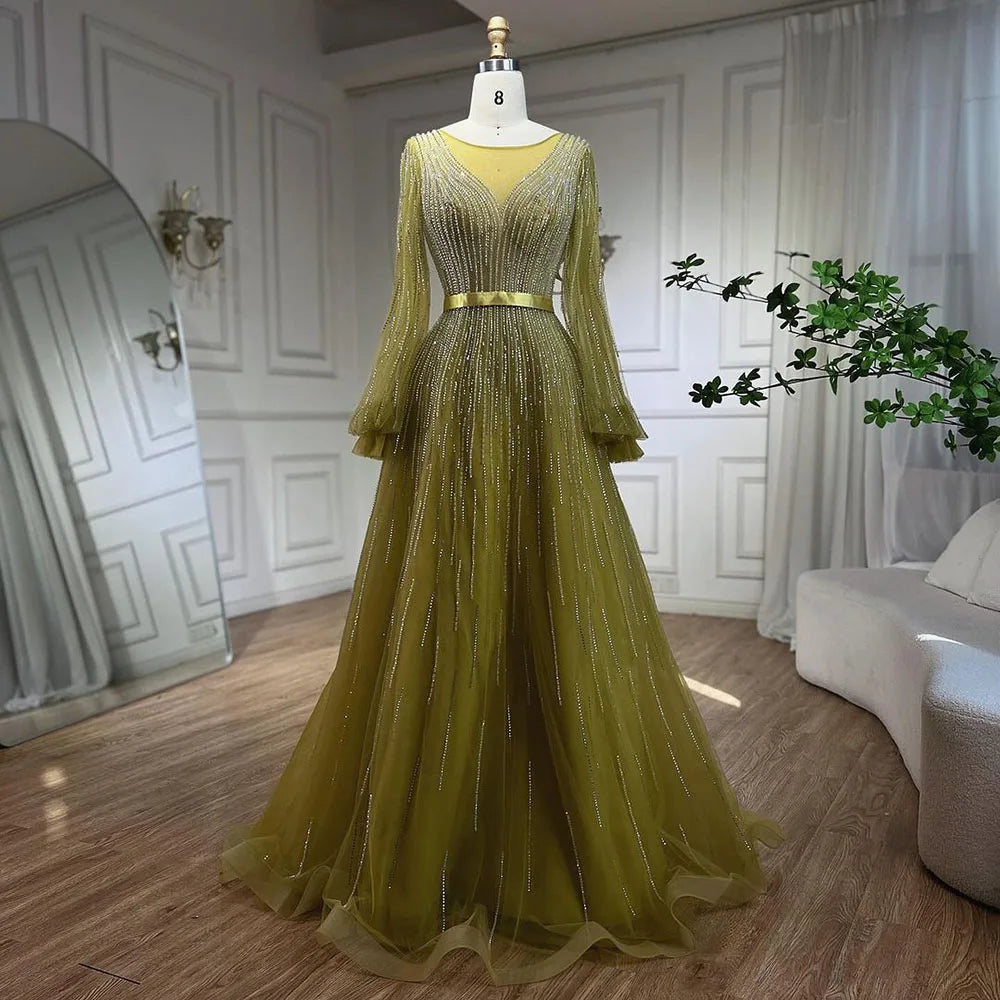 Evening dress with tulle overlay-Serene Hill Arabic Yellow A Line Elegant Beaded Luxury Dubai Evening Dresses Gowns For Women Wedding Party 2024 LA72300