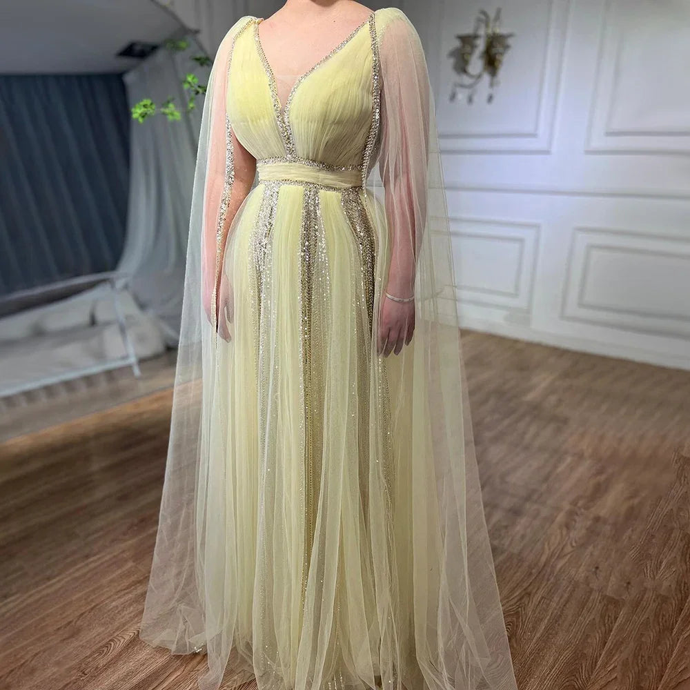 Evening dress with V-neck-Serene Hill Arabic Yellow Cape Sleeves Luxury Dubai Evening Dresses A Line Beaded Wedding Party Gowns For Women 2024 LA72279