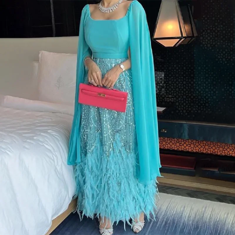 Halter neck evening dress-Serene Hill Beaded Feathers A Line Blue Cape Sleeves Evening Dresses Arabic Ankle Length Gown For Party LA72158