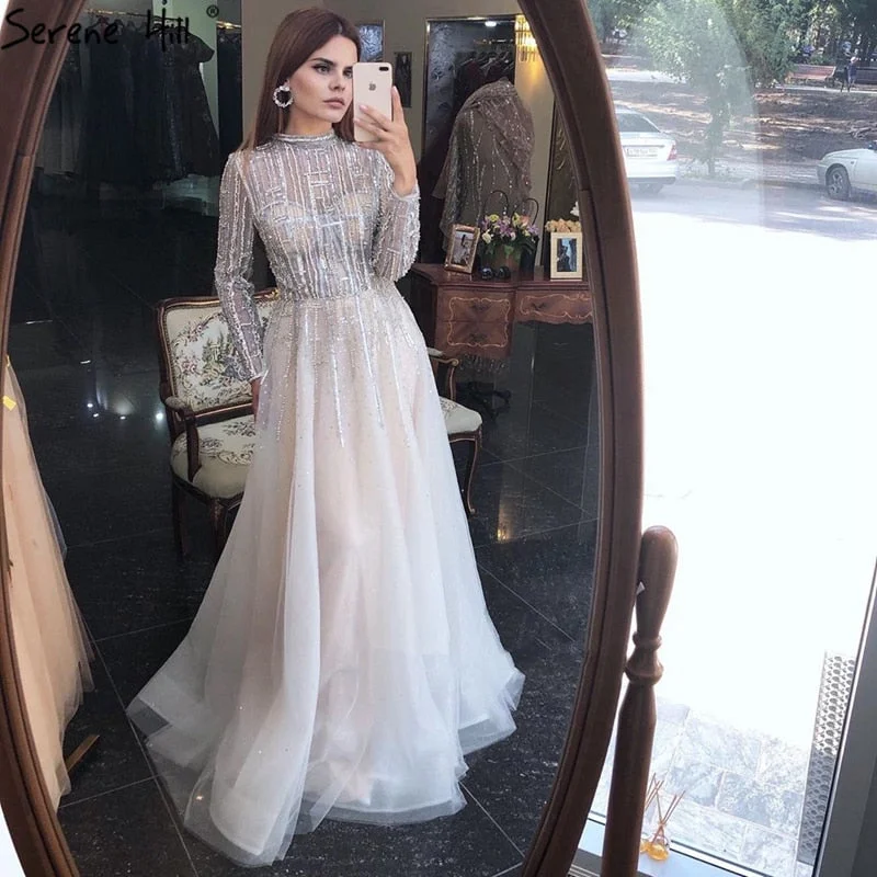 Off-white evening dress-Serene Hill Beading Muslim Long Sleeeves High Co Silver Luxury Evening Dresses Gowns 2024 A-Line Crystal For Women Party LA70514