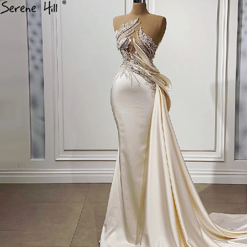 White evening dress-Serene Hill Beige Mermaid Overskirt Evening Dresses Gowns 2024 Satin Beaded Elegant For Women Party LA71199