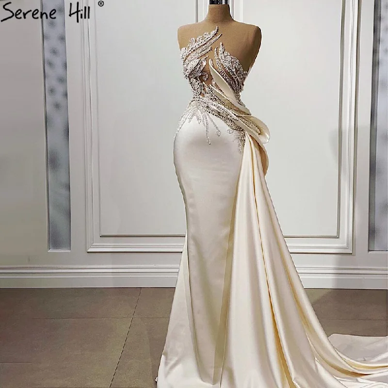 Two-piece evening dress-Serene Hill Beige Mermaid Overskirt Evening Dresses Gowns 2024 Satin Beaded Elegant For Women Party LA71199