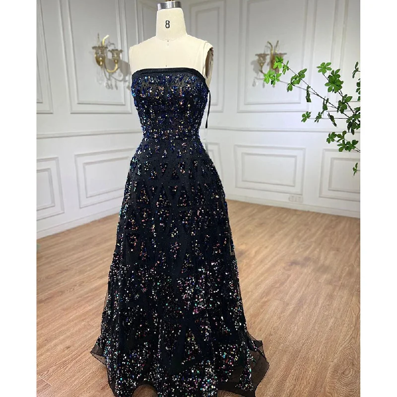 Evening dress for winter-Serene Hill Black A-Line Elegant Evening Dress 2024 Off The Shoulder Luxury Beaded Sequins For Women Party LA72108