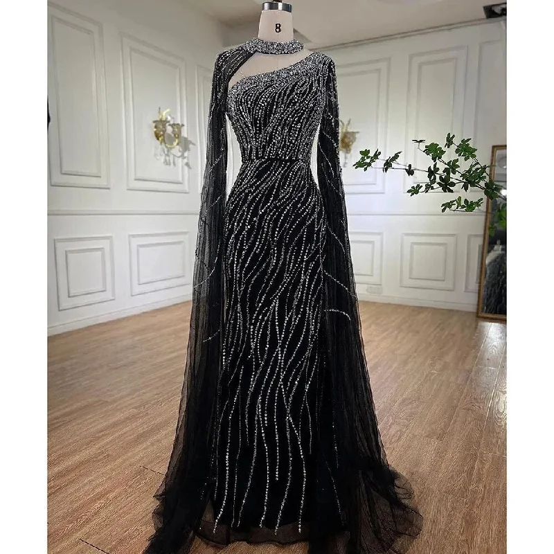 Evening dress with cap sleeves-Serene Hill Black Mermaid Elegant Cape Sleeves Beaded Luxury Evening Dresses Gowns For Women Arabic Party 2024 LA72112