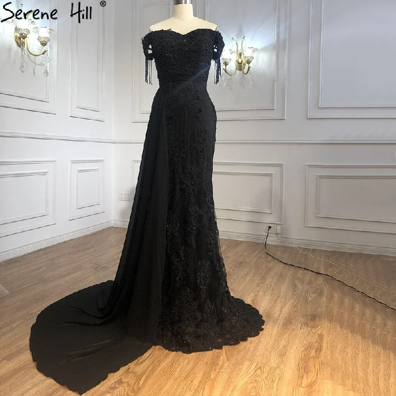 Evening dress with cape-Serene Hill Black Mermaid Elegant Evening Dresses Gowns 2024 Lace Beading Luxury For Women Party LA70975