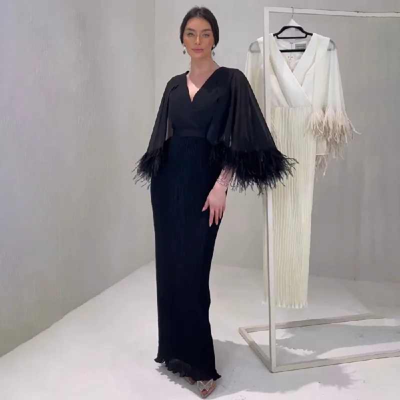 Evening dress with chiffon-Serene Hill Black Mermaid Elegant Feather Cape Sleeves Morocco Evening Dresses Gowns For Woman Wedding Party 2024 LA71852