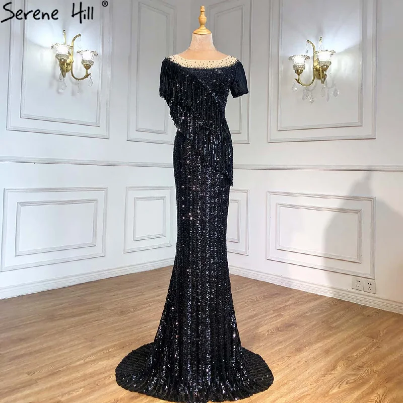 Evening dress with double straps-Serene Hill Black Mermaid Luxury Evening Dresses Gowns 2024 Beaded Tassel Elegant For Women Party LA71386