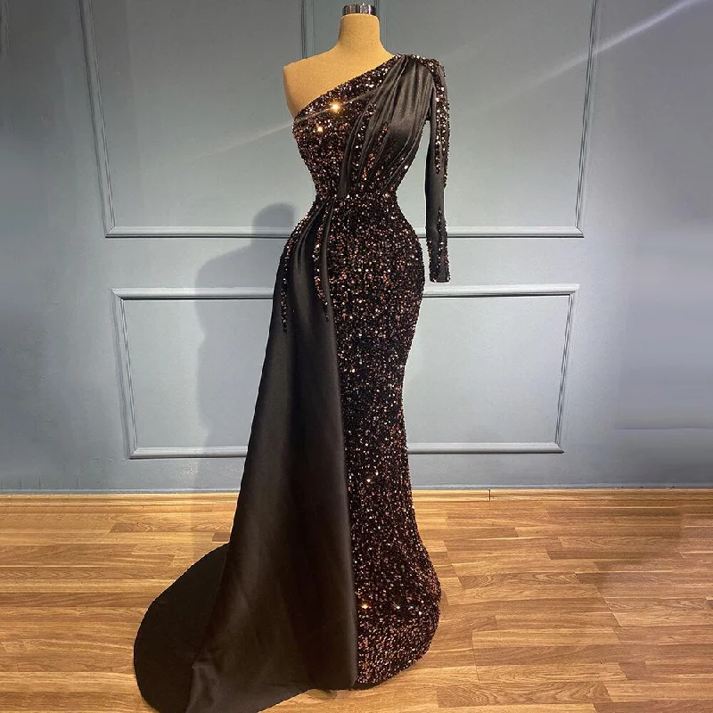 Evening dress with embroidered flowers-Serene Hill Black Mermaid One Shoulder Evening Dresses Gowns 2024 Sequin Luxury Elegant For Women Party LA71542