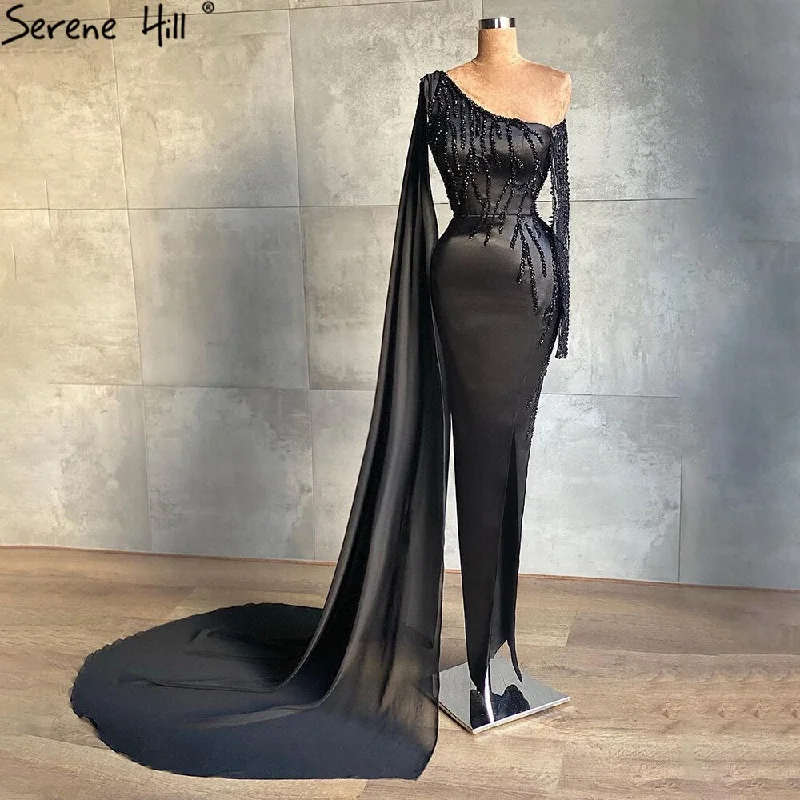 Evening dress with flared skirt-Serene Hill Black Mermiad Split Satin Evening Dresses Gowns 2024 Elegant Beading One Shoulder For Women Party LA71089