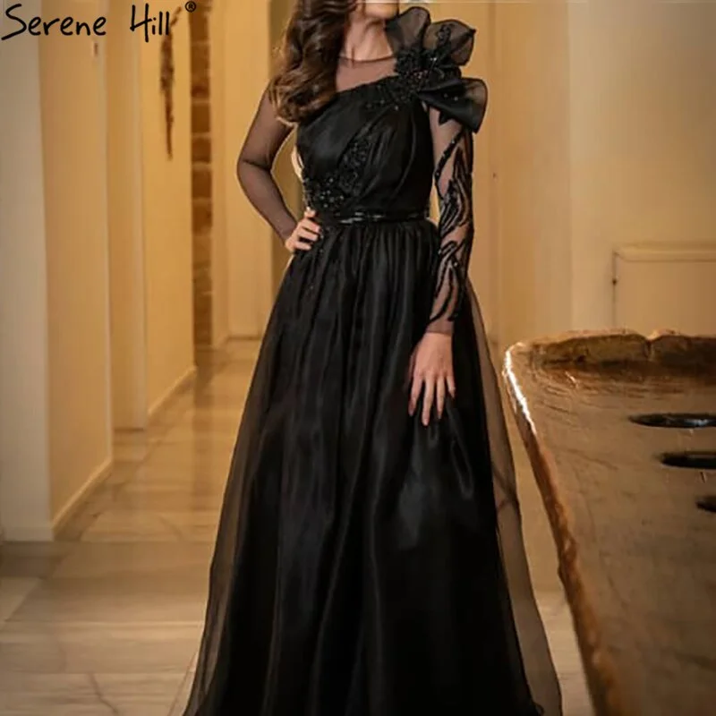 Evening dress with floral print-Serene Hill Black Satin A-Line Evening Dresses Gowns 2024 Beaded Sexy For Woman Wedding Party LA71213