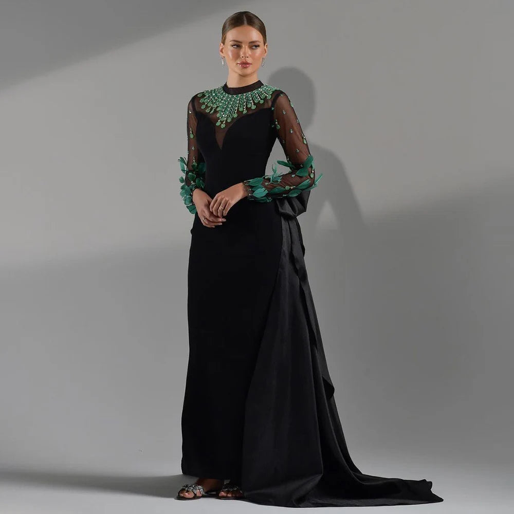 Evening dress with fringe-Serene Hill Black Satin Mermaid Lace Beaded Luxury Long Evening Dresses Gowns For Women Wedding Party 2024 LA72230