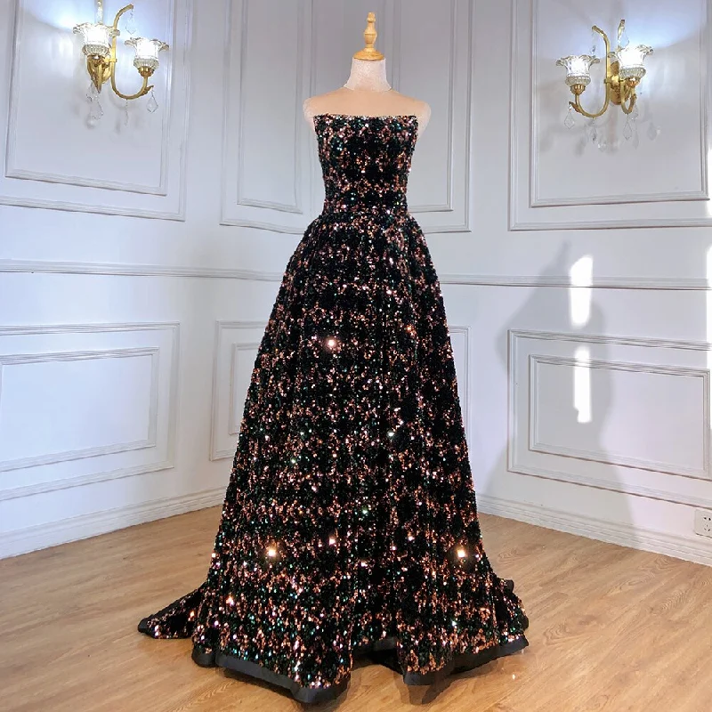 Evening dress with illusion skirt-Serene Hill Black Strapless Evening Dresses Gowns 2024 Sequin Luxury A-Line For Women Wedding Party LA71523