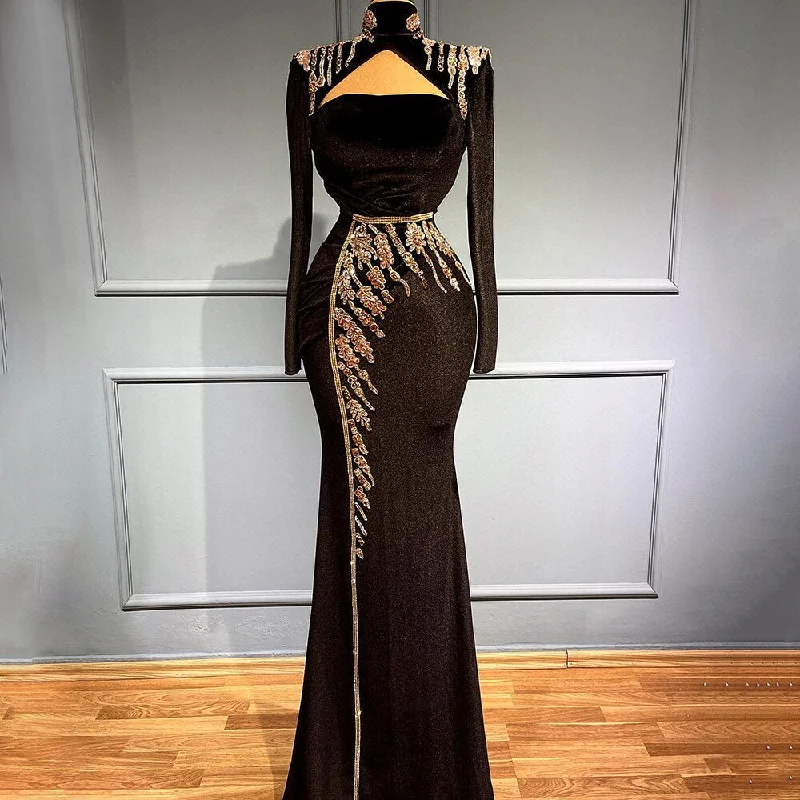 Evening dress with keyhole back-Serene Hill Black Velour Mermaid Evening Dresses Gowns 2024 Elegant Luxury Beaded For Women Party LA71545