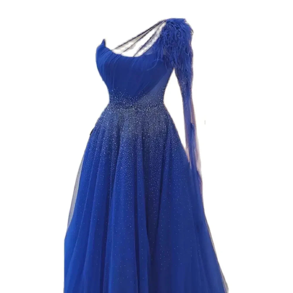 Evening dress with crystals-Serene Hill Blue A Line Elegant One Shoulder Evening Dresses Gowns Luxury Feathers Beaded For Women Wedding Party 2024 LA72257