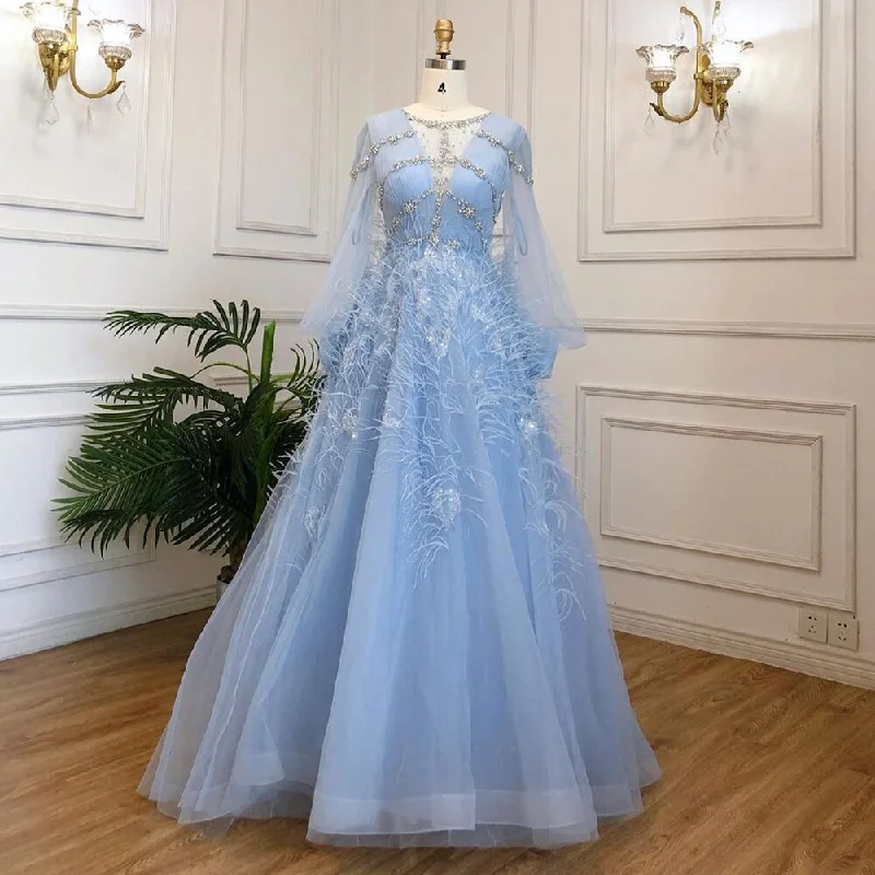 Evening dress with peplum-Serene Hill Blue A-Line Luxury Evening Dresses Gowns Long 2024 Beaded Feather For Women Party LA71495