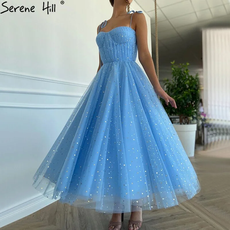 Evening dress with sequined bodice-Serene Hill Blue A-Line Simple Evening Dresses Tulle Sleeveless Ankle Length Formal Dress 2024 LA70684