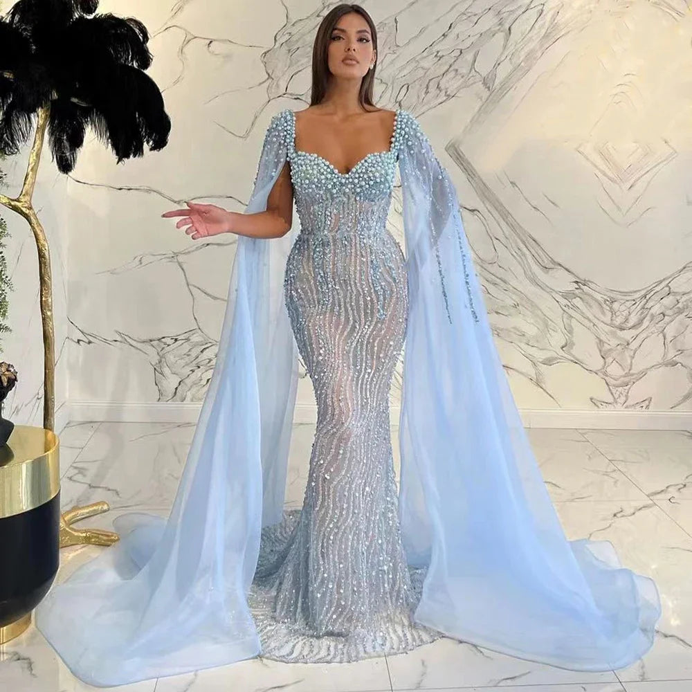 Evening dress with embroidered flowers-Serene Hill Blue Arabic Luxury Beaded  Mermaid Cape Sleeves Evening Dresses Gowns 2024 For Women Wedding Party LA71715