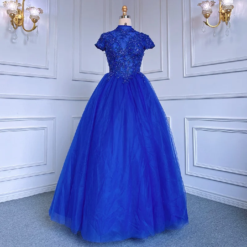 Evening dress with statement sleeves-Serene Hill Blue Ball Gown Short Sleeves Tulle Luxury Beaded Evening Dresses Gowns2024 For Women Party LA70477