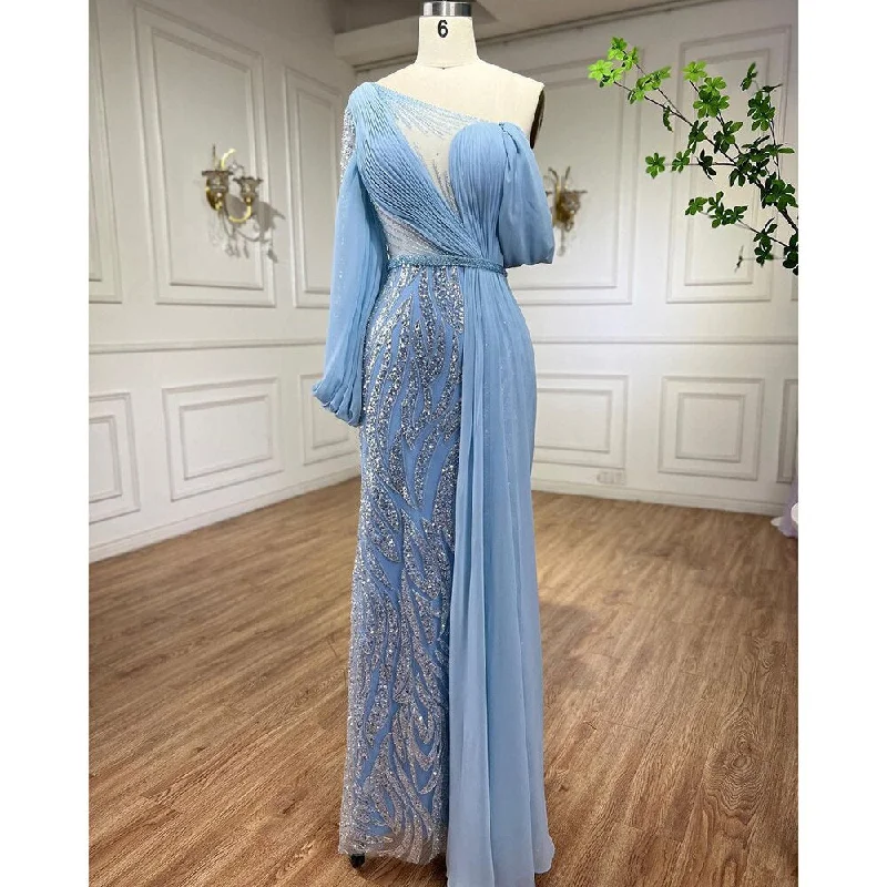 Evening dress with velvet-Serene Hill Blue Beaded Mermaid Evening Dresses Elegant Long Arabic  Formal Gowns for Women Wedding Party 2024 LA72103