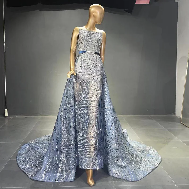 Evening dress with wrap design-Serene Hill Blue Beaded Sleeveless Evening Dresses Gowns 2024 Luxury A-Line Overskirt For Women Wedding Party LA71588