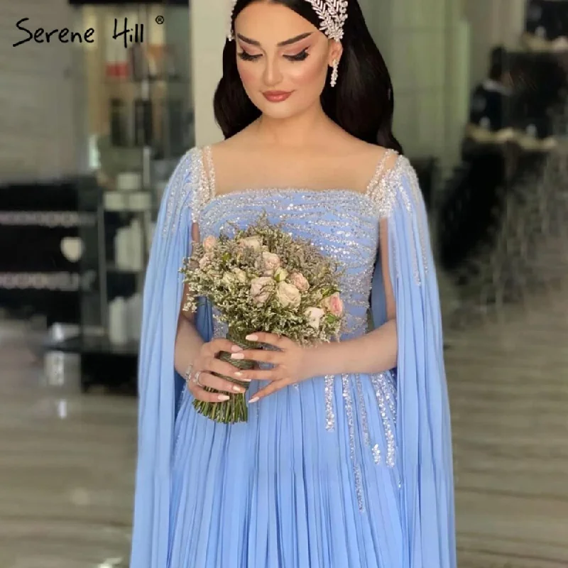 Ivory evening dress-Serene Hill Blue Cape Sleeves Evening Dresses Gowns 2024 Beaded A-Line Chiffon For Women Party LA71319