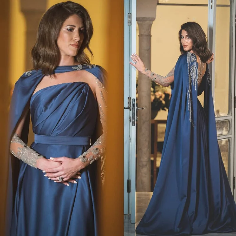 Vintage evening dress-Serene Hill Blue Cape Sleeves Evening Dresses Gowns 2024 Beaded Satin Sexy A-Line For Woman Party  LA71215