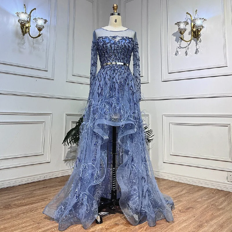 Off-white evening dress-Serene Hill Blue Elegant A Line Lace Beaded Feathers Arabic Luxury Evening Dresses Gowns 2024 For Women Wedding Party LA71935A