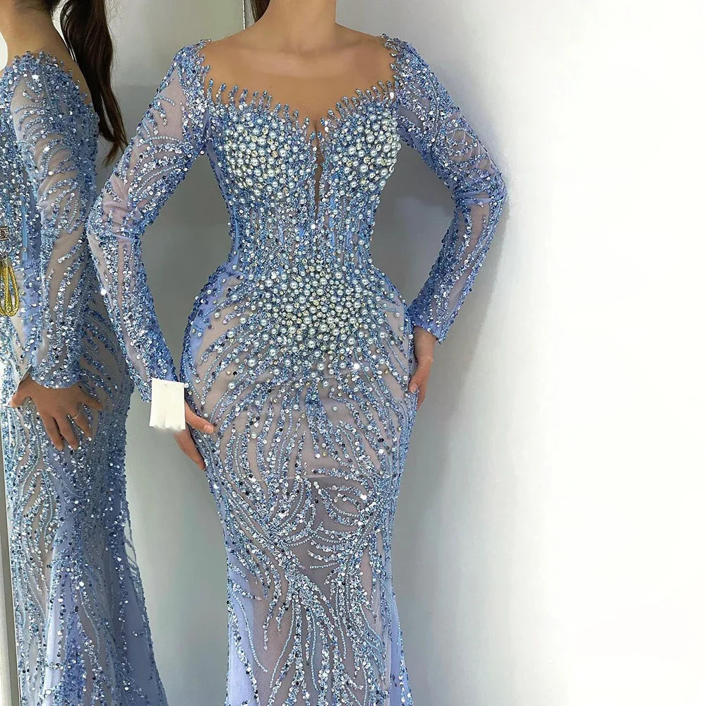 Evening dress with lace-Serene Hill Blue Elegant Mermaid Dubai Arabia Luxury Beaded Pearls Evening Dresses Gowns 2024 For Women Wedding Party LA72264